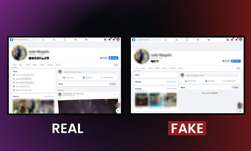 Screenshot of a fake Facebook profile impersonating my friend compared to a screenshot of my friend’s real, authentic Facebook profile.