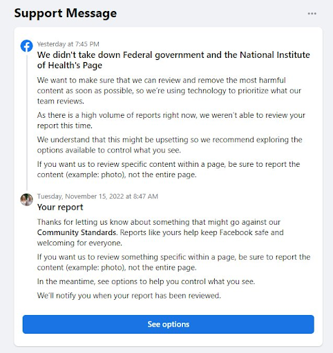 Screenshot of a message from Facebook informing me that they would not take action on the Facebook Profile page impersonating a government employee that I reported to them.